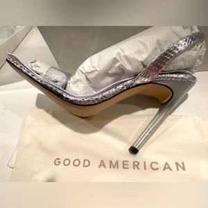 Good American Open Square Toe Heels Silver Snake Size 10 GA120L-X  New In Box